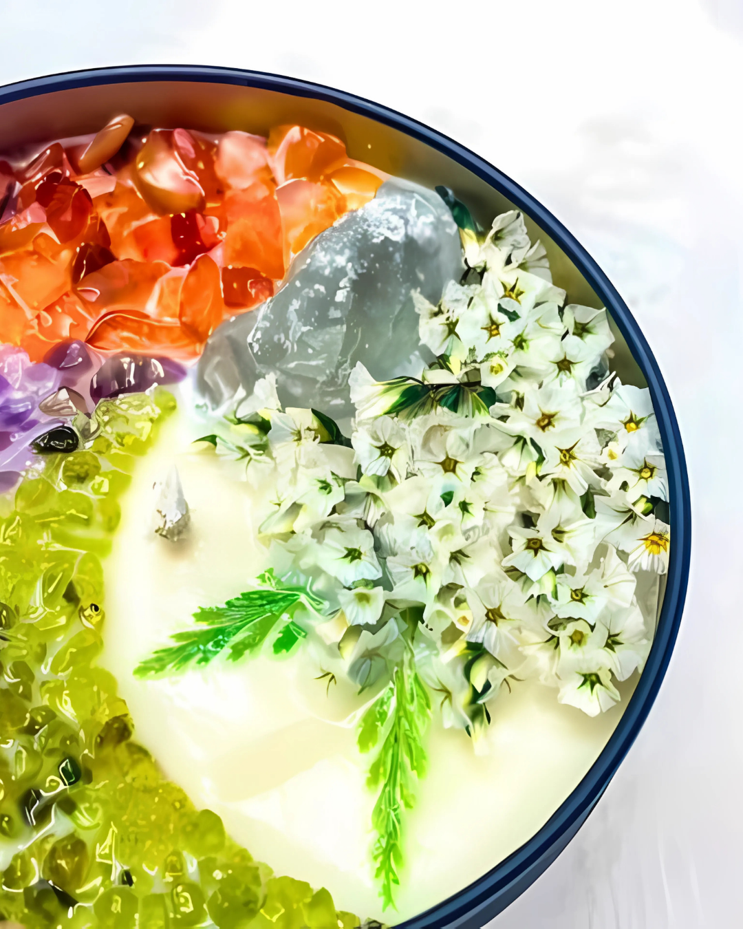 Colorful dessert with white flowers in a bowl