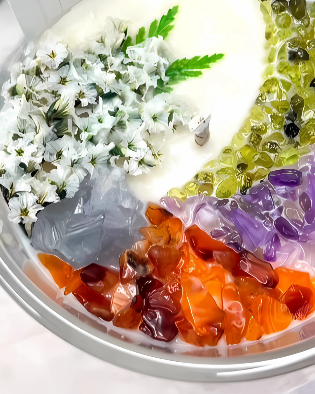 Colorful jelly dessert with flowers and leaves on a white plate