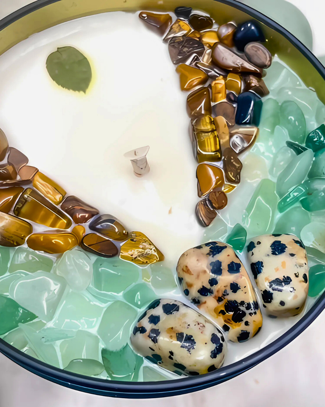 Decorative bowl with stones arranged in a pattern resembling a yin yang symbol.