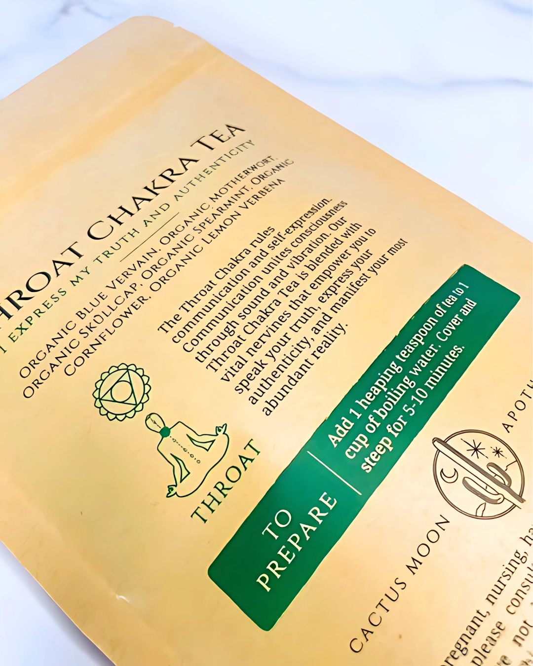 Throat Chakra Tea package with text and branding on a white background