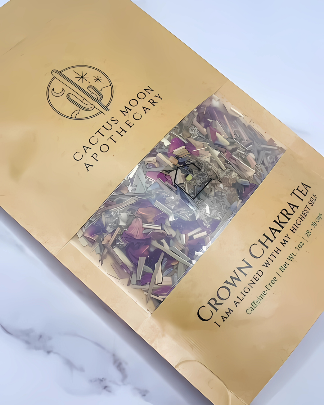 Cactus Moon Apothecary Crown Chakra Tea packaging on a marble surface