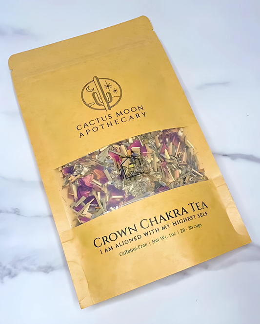 Cactus Moon Apothecary Crown Chakra Tea package on a marble surface