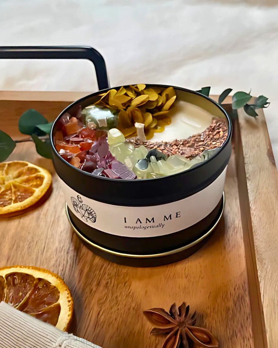 Decorative bowl with colorful gummy bears on a wooden surface with 'LAM ME' branding.