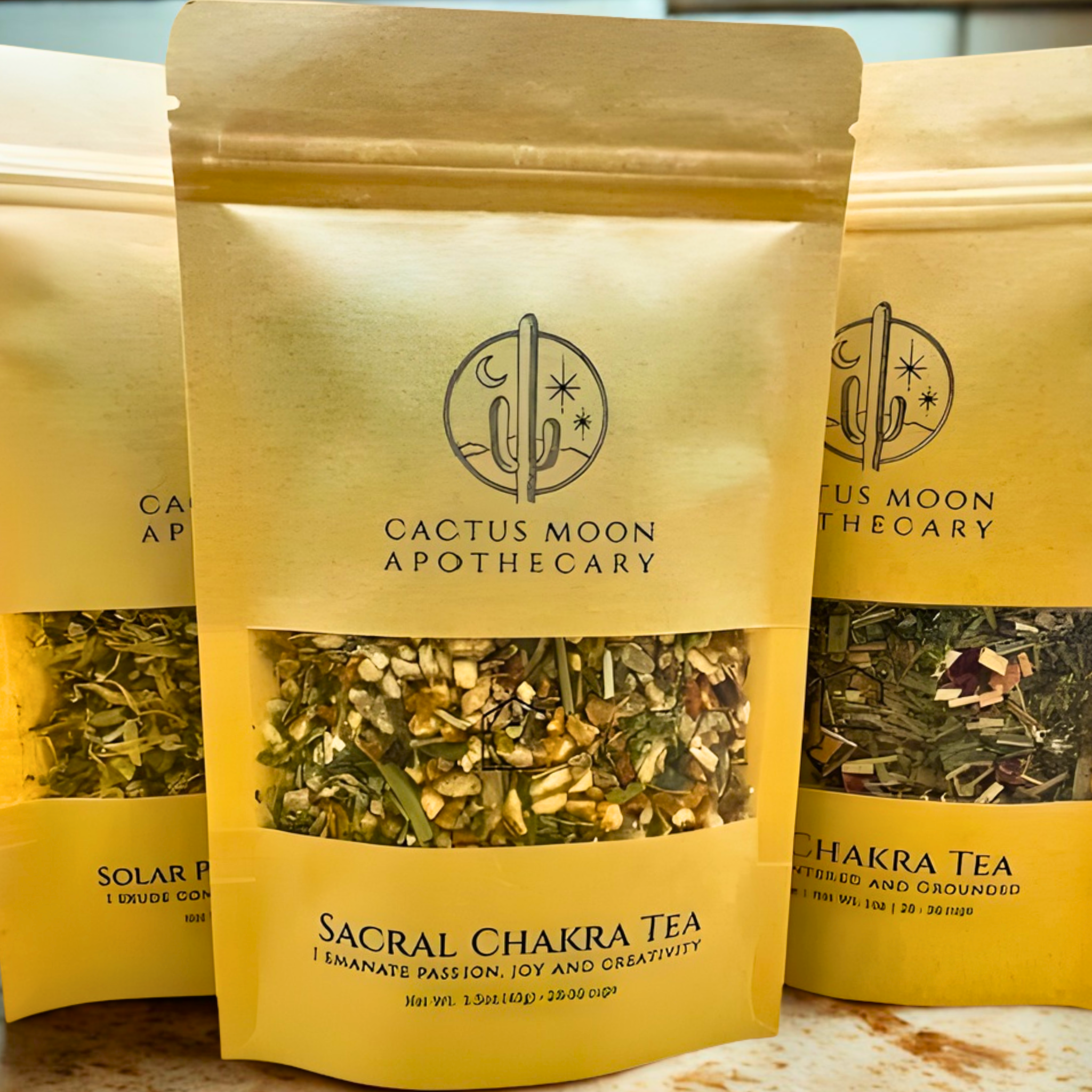 Yellow packages of Cactus Moon Apothecary tea with visible branding and product names.