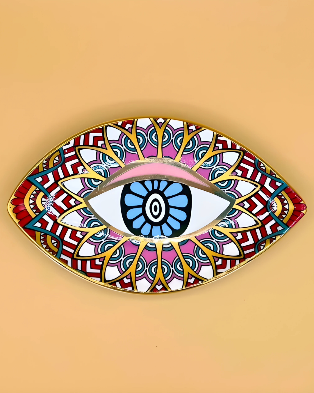 Decorative wall art of a stylized eye with colorful patterns on a beige background
