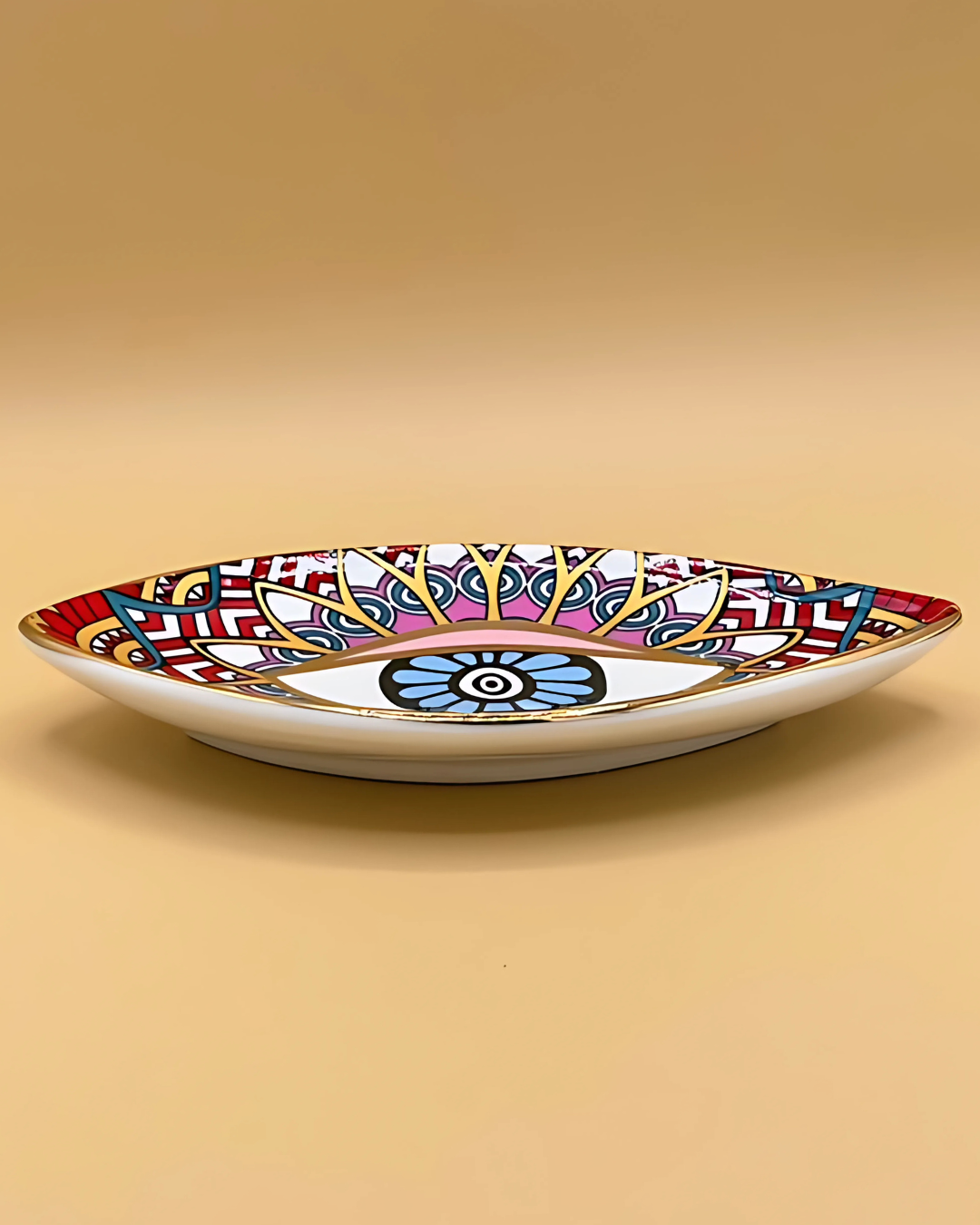 Decorative plate with colorful patterns on a beige background