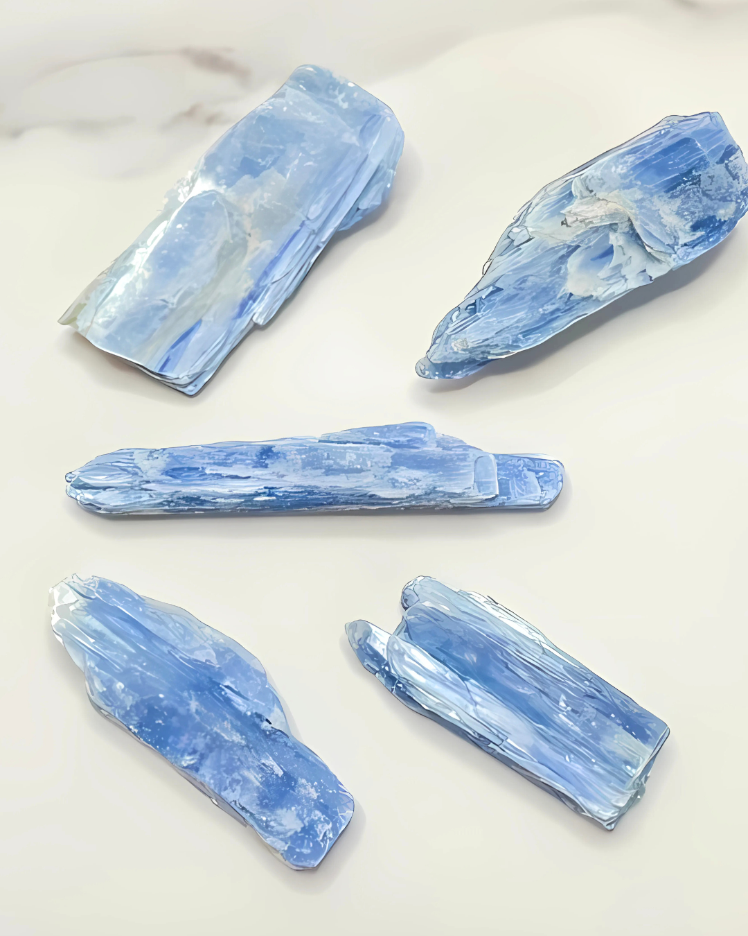 Five blue crystal rocks on a white surface