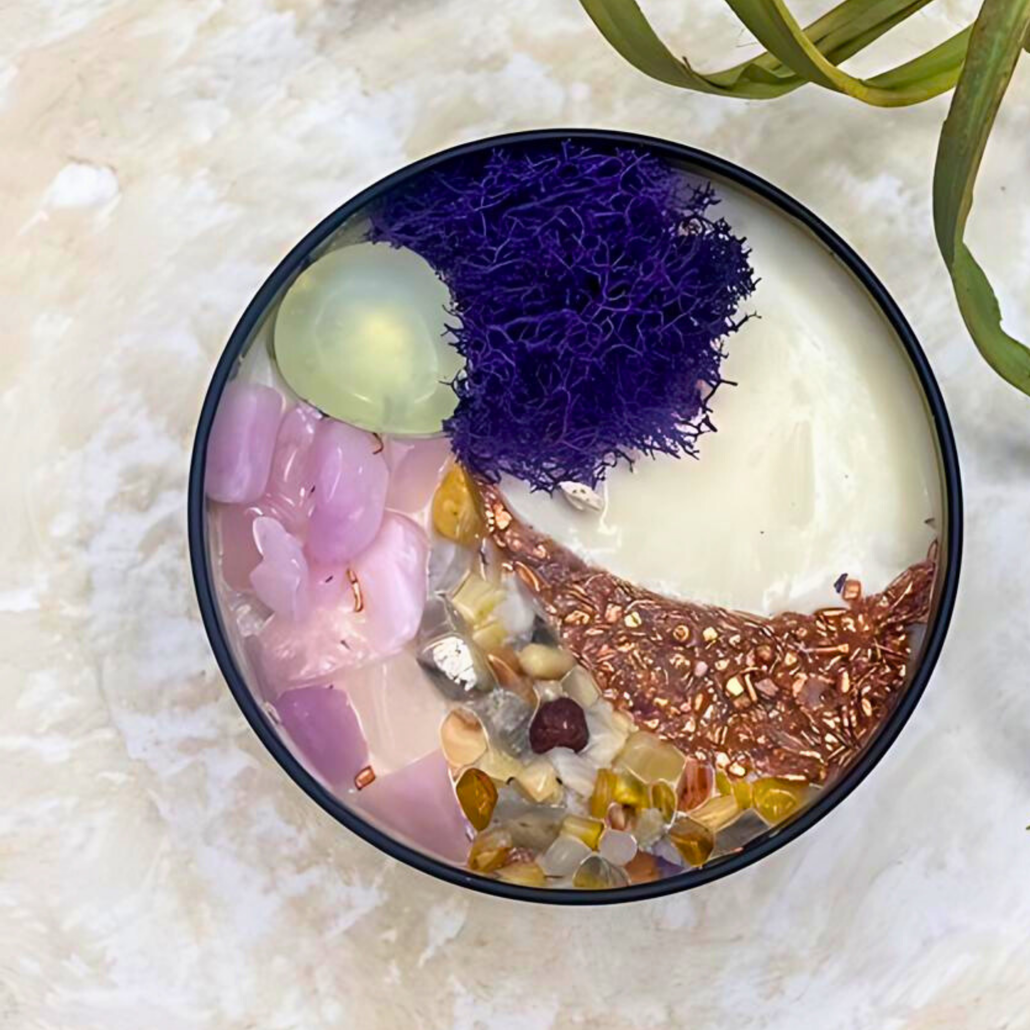 scented candle named cloud nine with crystals and sea cultures