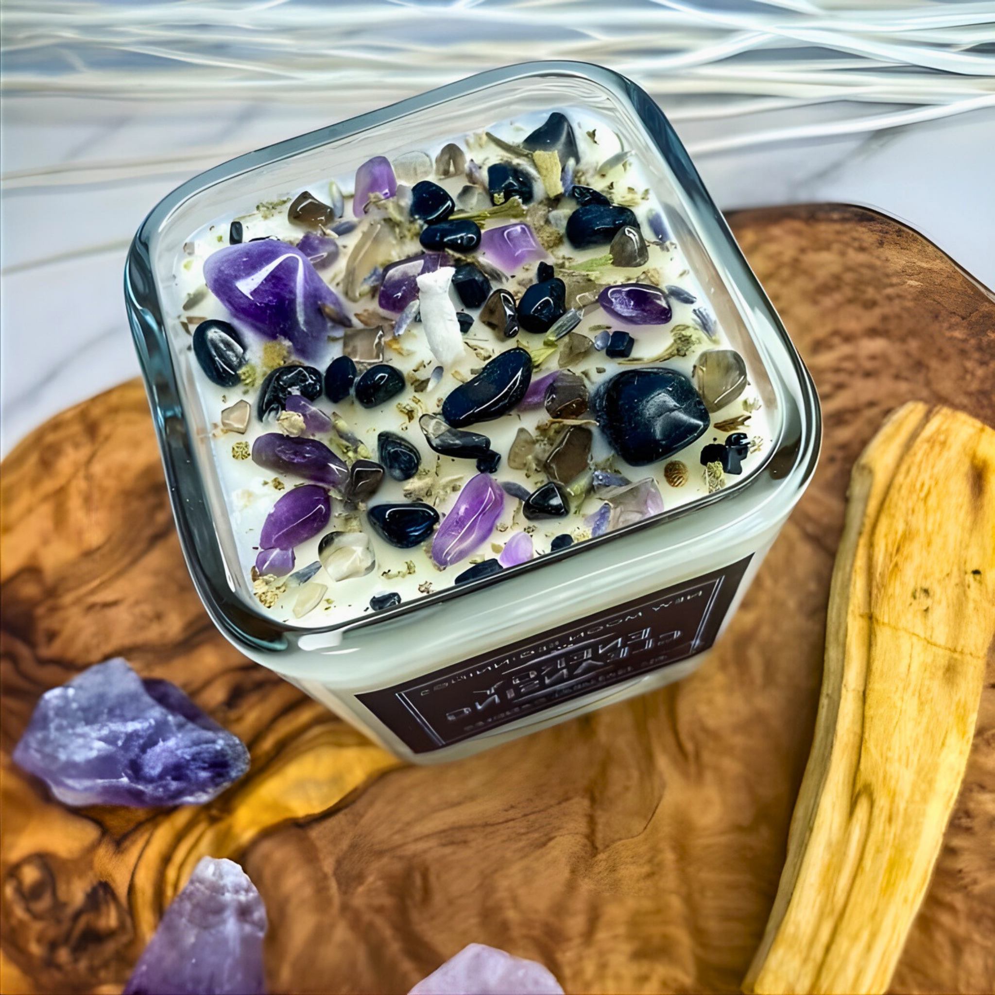 Glass container with decorative stones on a wooden surface