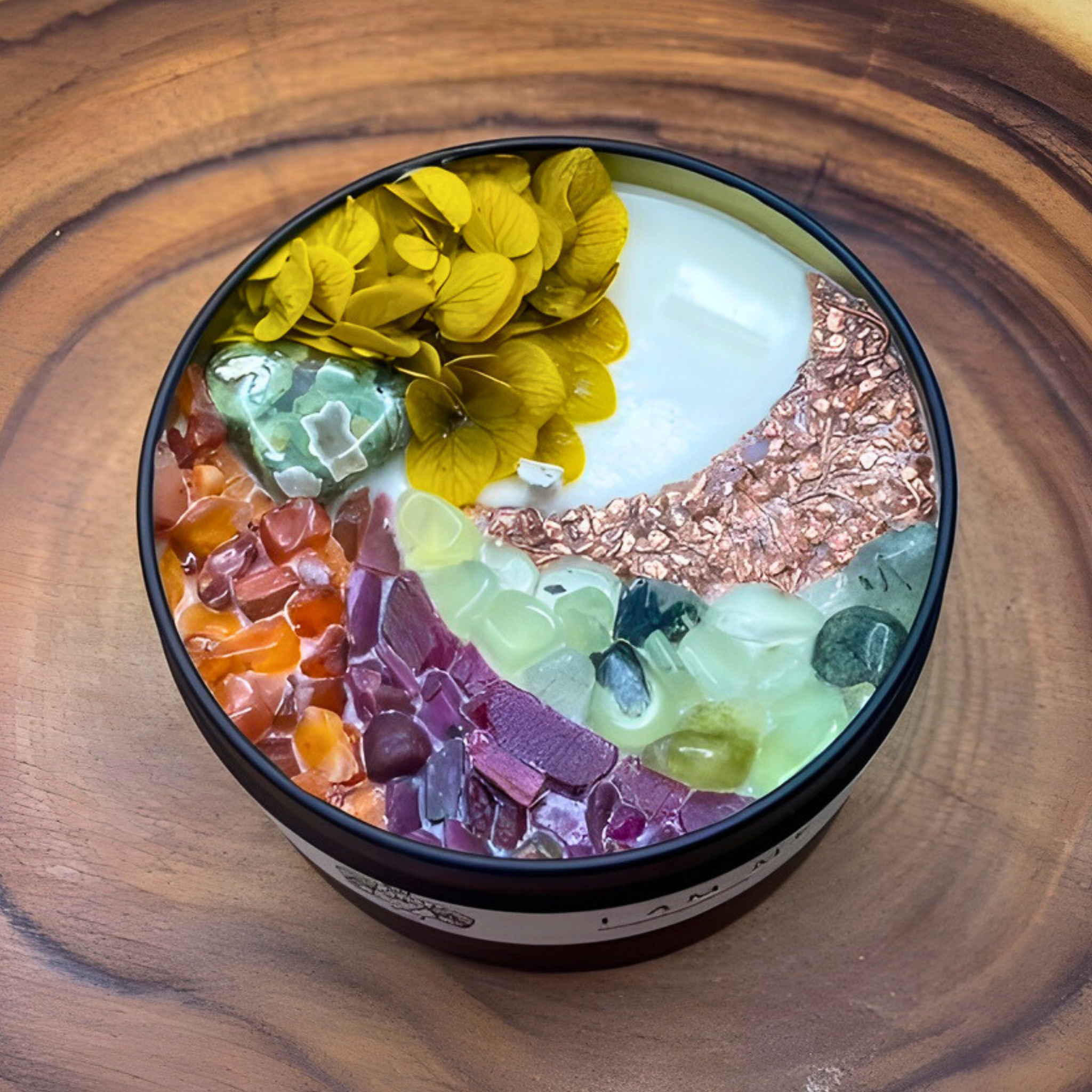 Decorative candle with colorful stones and flowers on a wooden surface