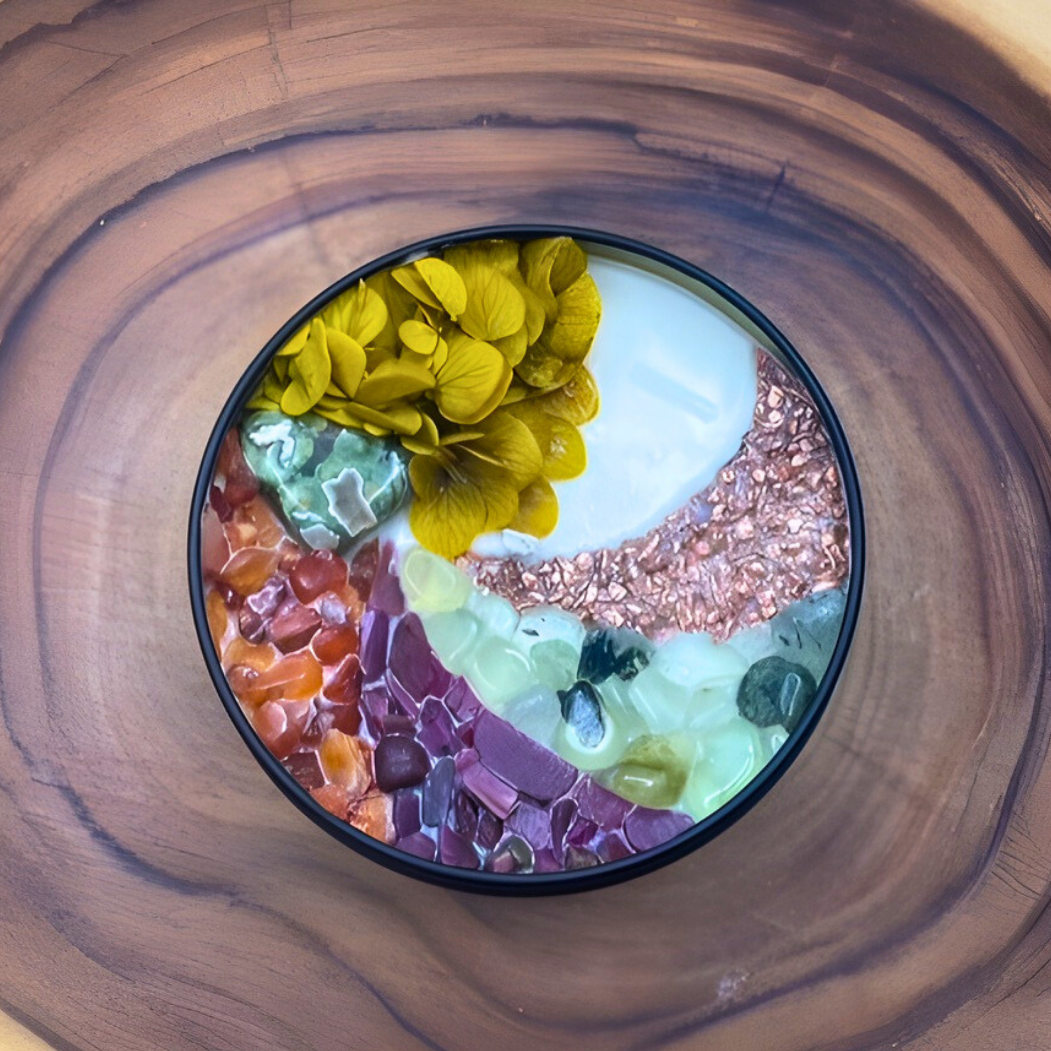 Black jar candle with floral and crystal stones 