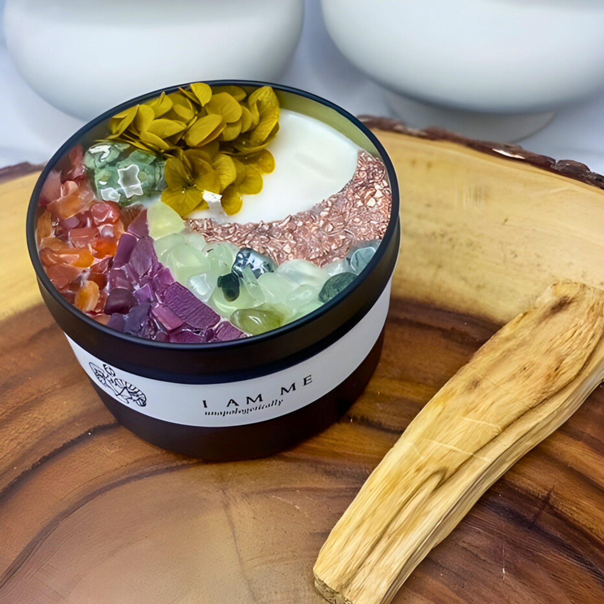 Black I am me Jar floral crystal stones