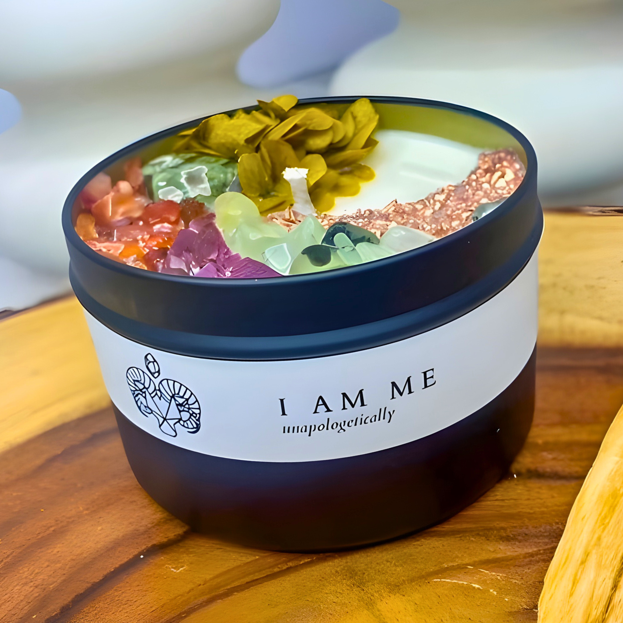 Jar of colorful candle with 'I AM ME unapologetically' label on a wooden surface