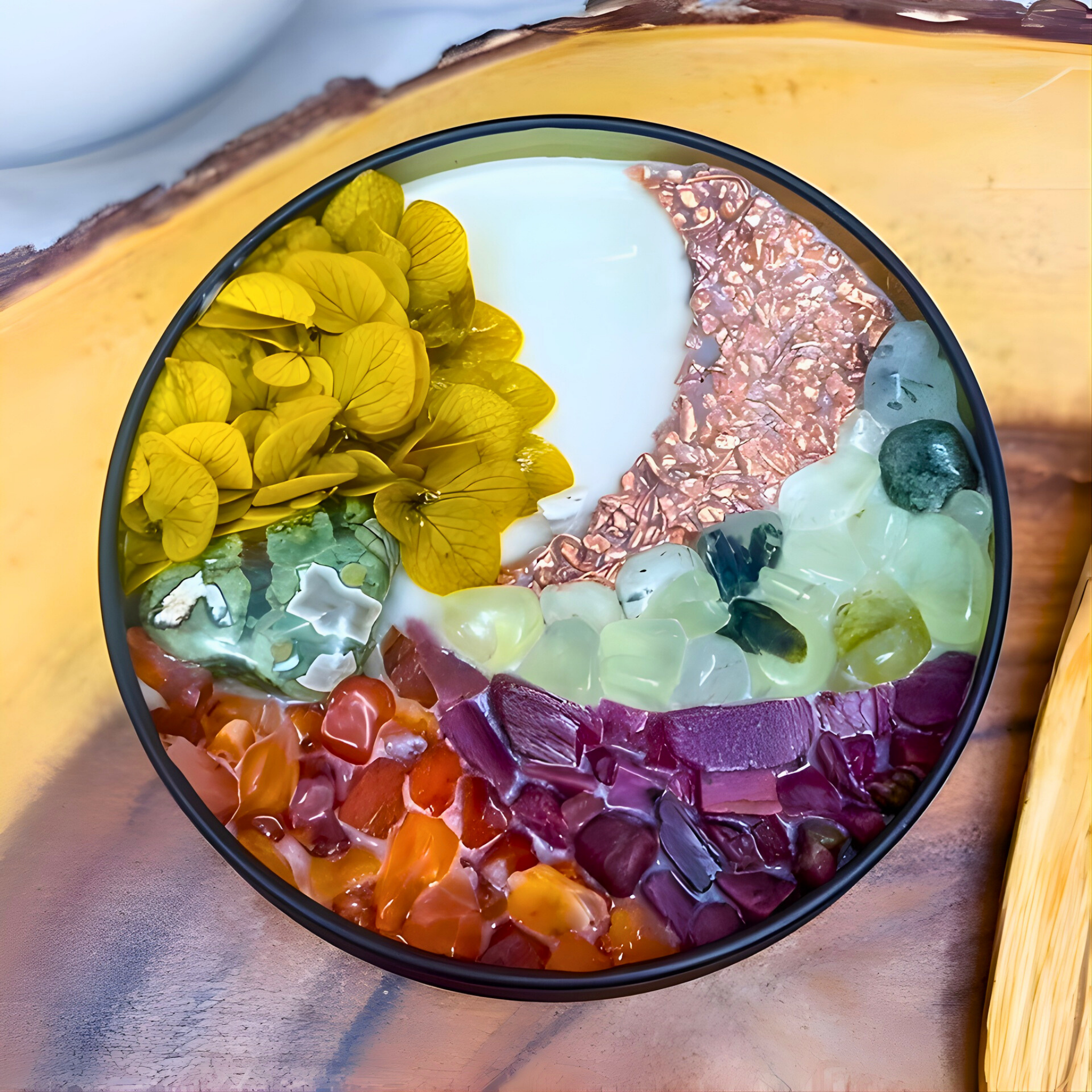 Colorful candle with flowers and stones on a wooden surface