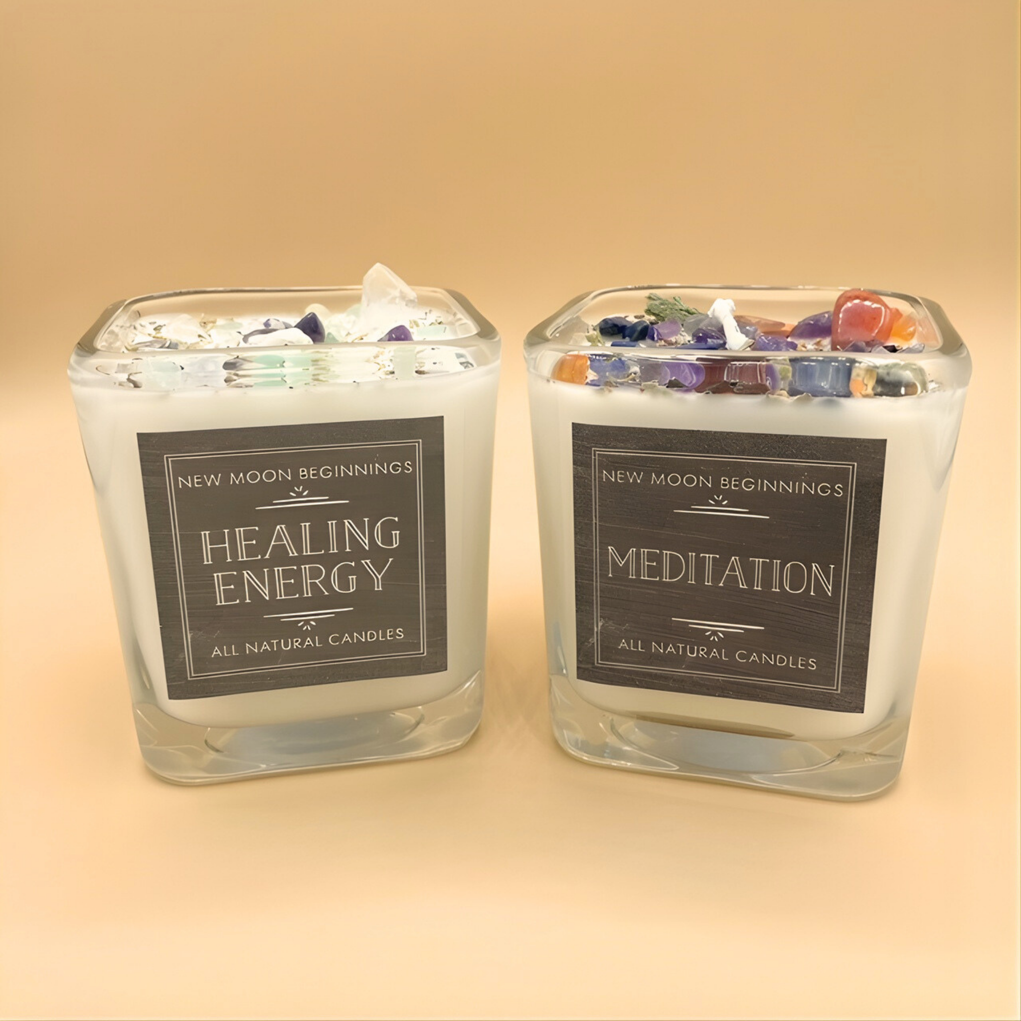 Two glass candles labeled 'Healing Energy' and 'Meditation' on a beige background