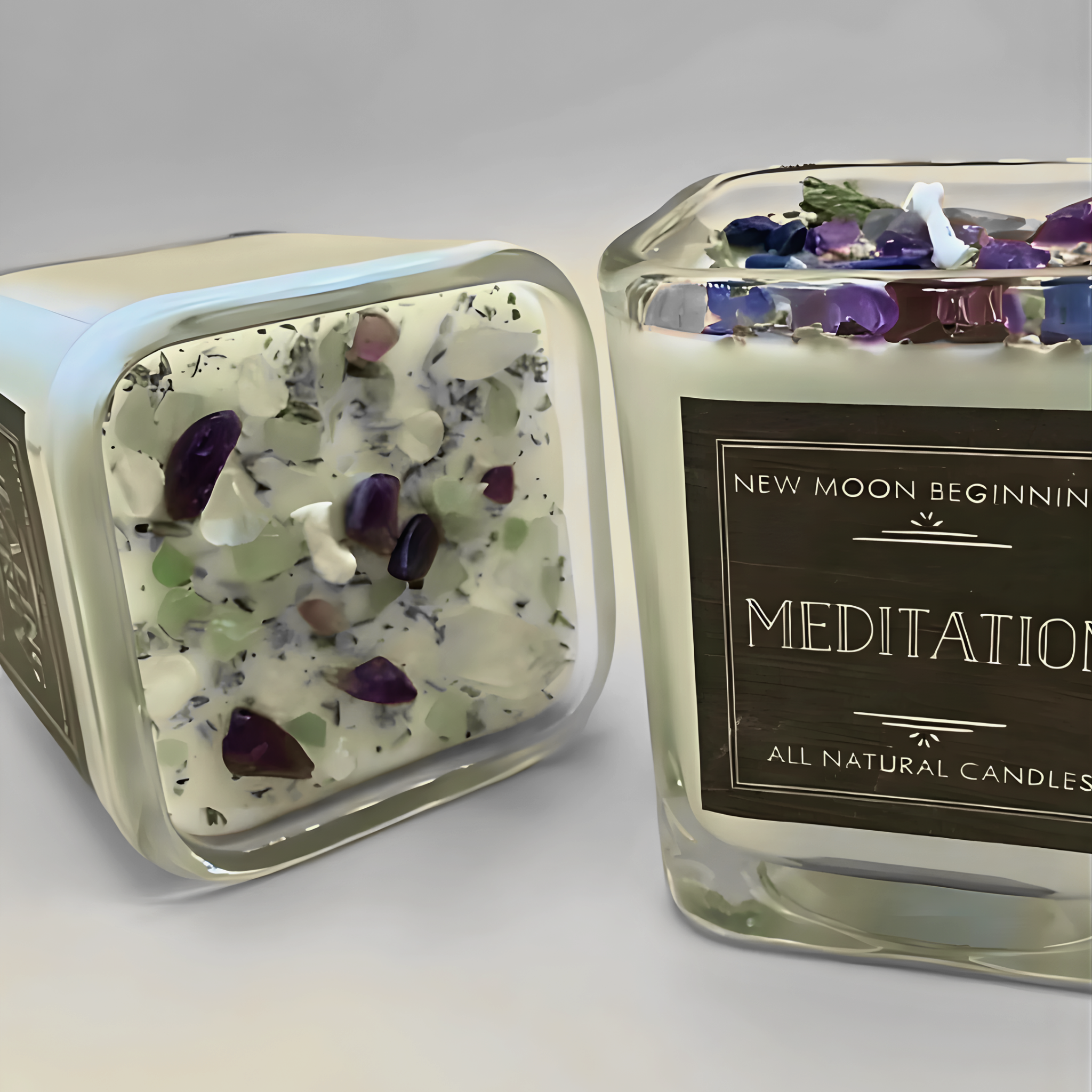 All natural candle with decorative stones and a label on a gray background