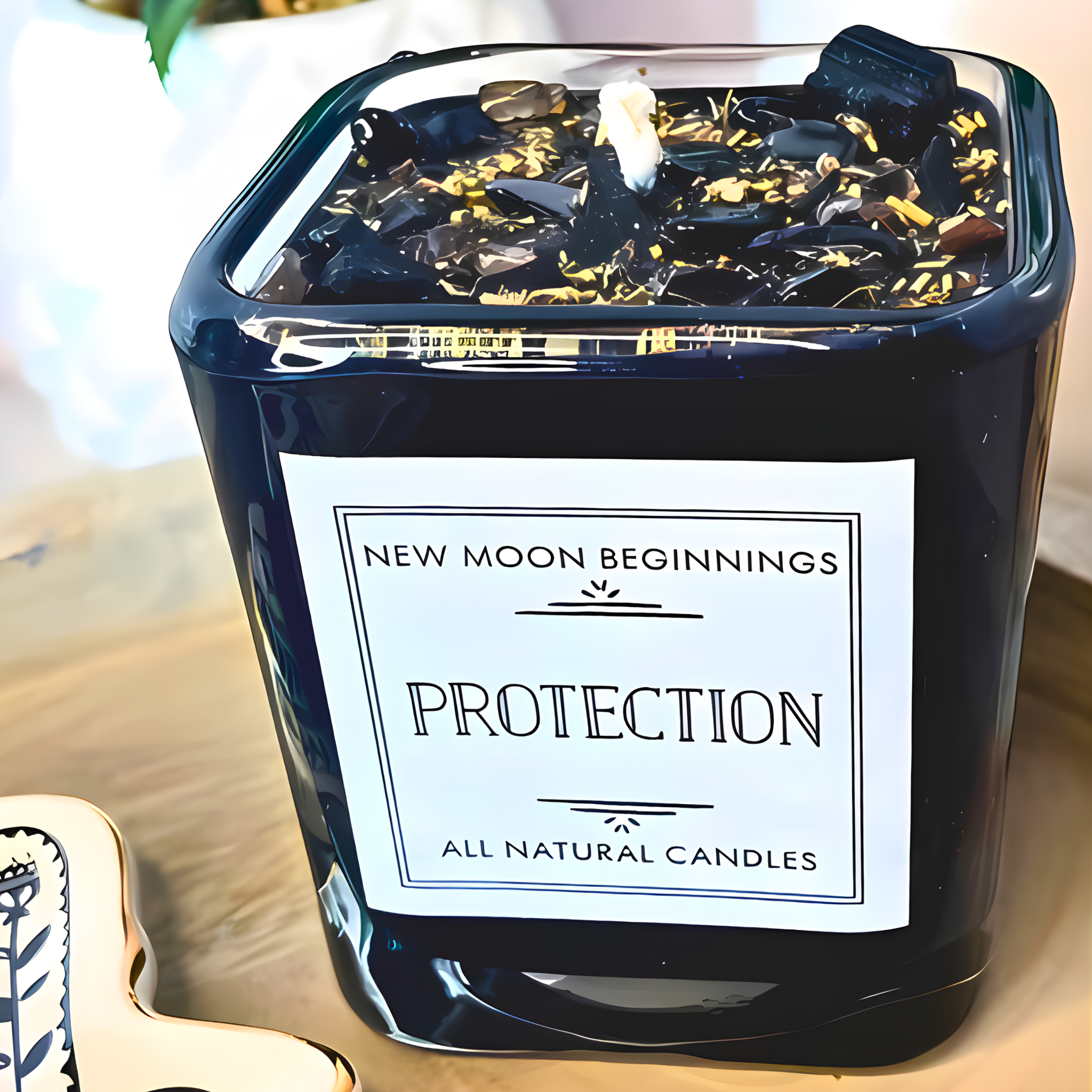 Candle in a black container with 'New Moon Beginnings' label on a blurred background