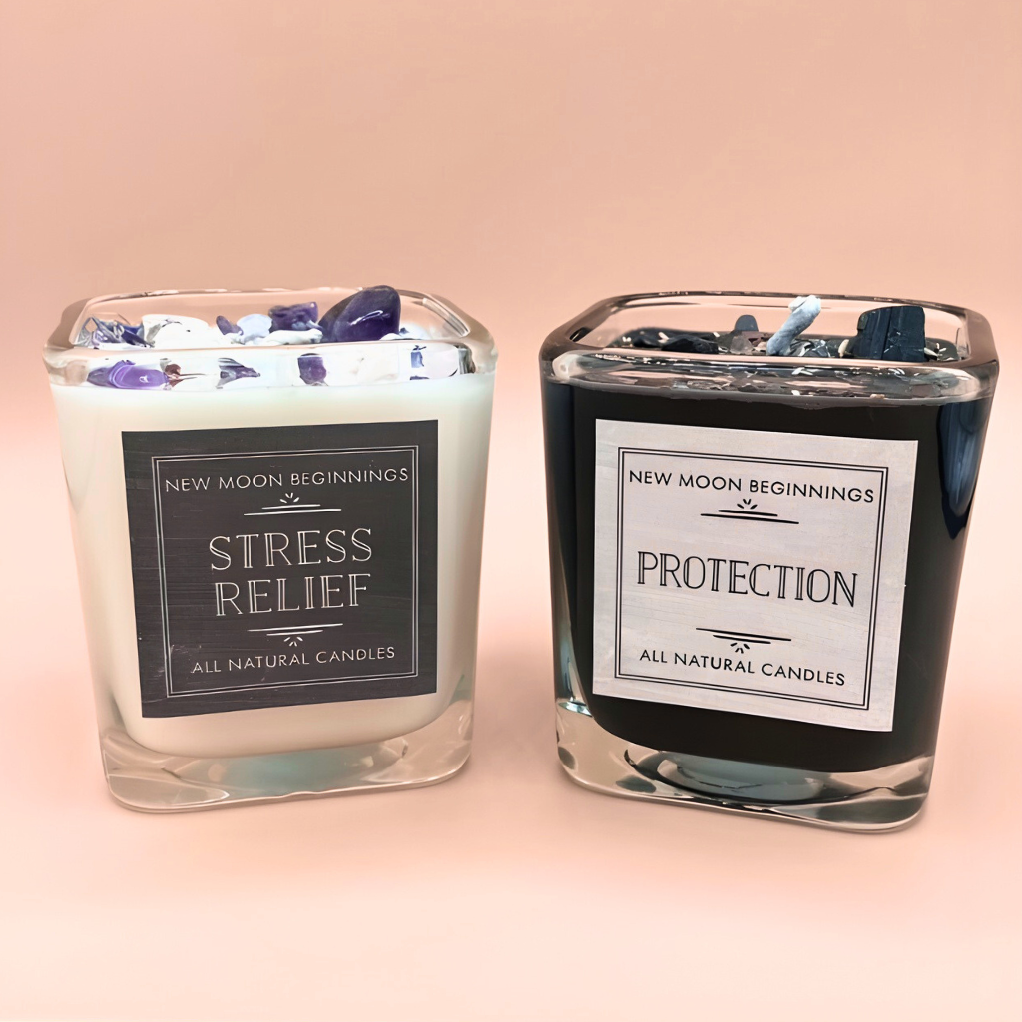 Two all-natural candles labeled 'Stress Relief' and 'Protection' on a soft pink background.