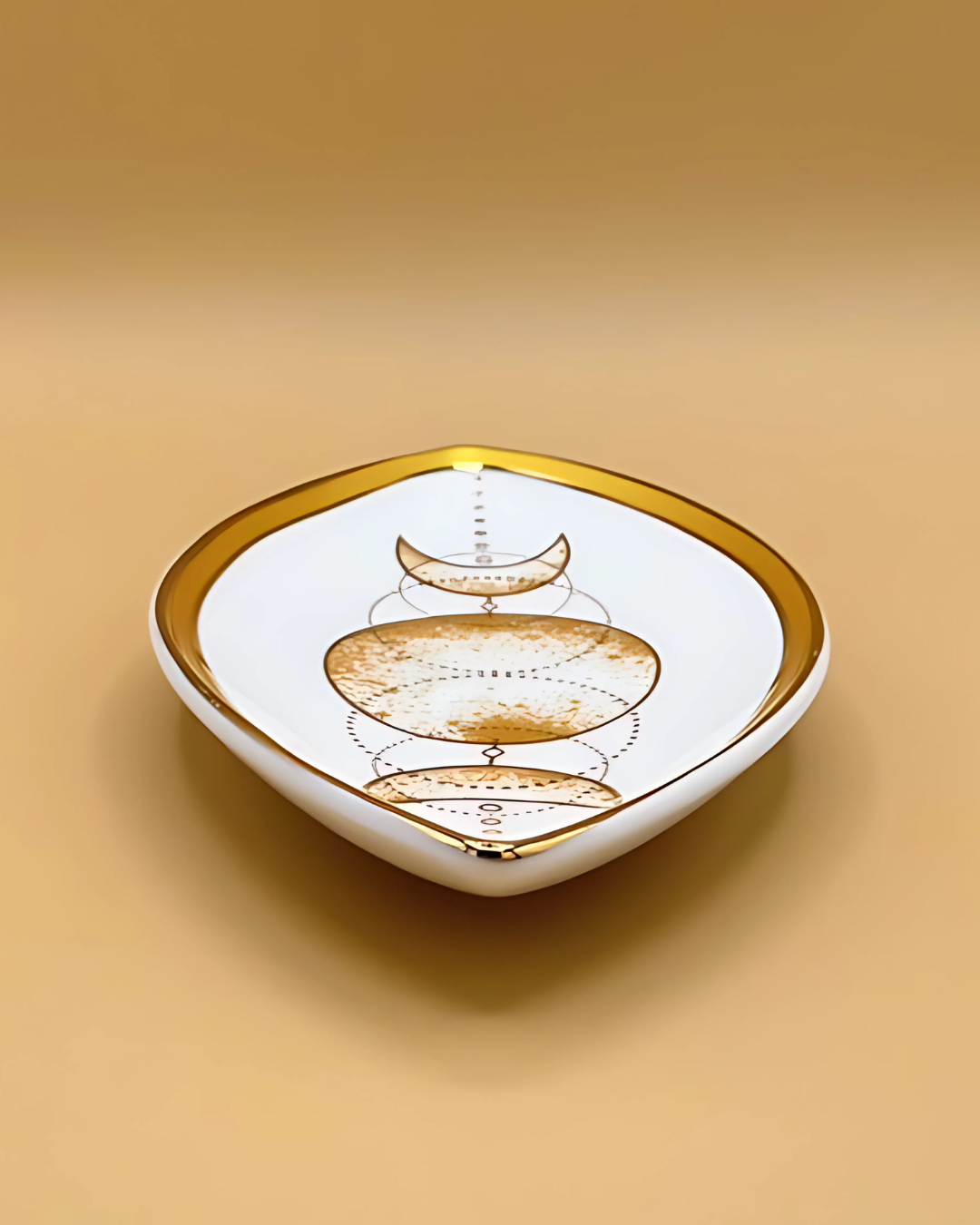 Decorative plate with gold and white design on a beige background