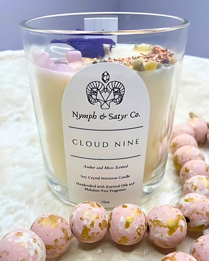 Cloud Nine Candle in clear glass jar with pink beads