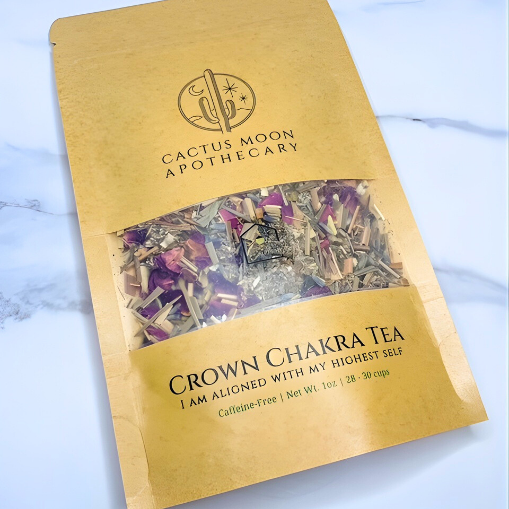 Cactus Moon Apothecary Crown Chakra Tea package on a marble surface