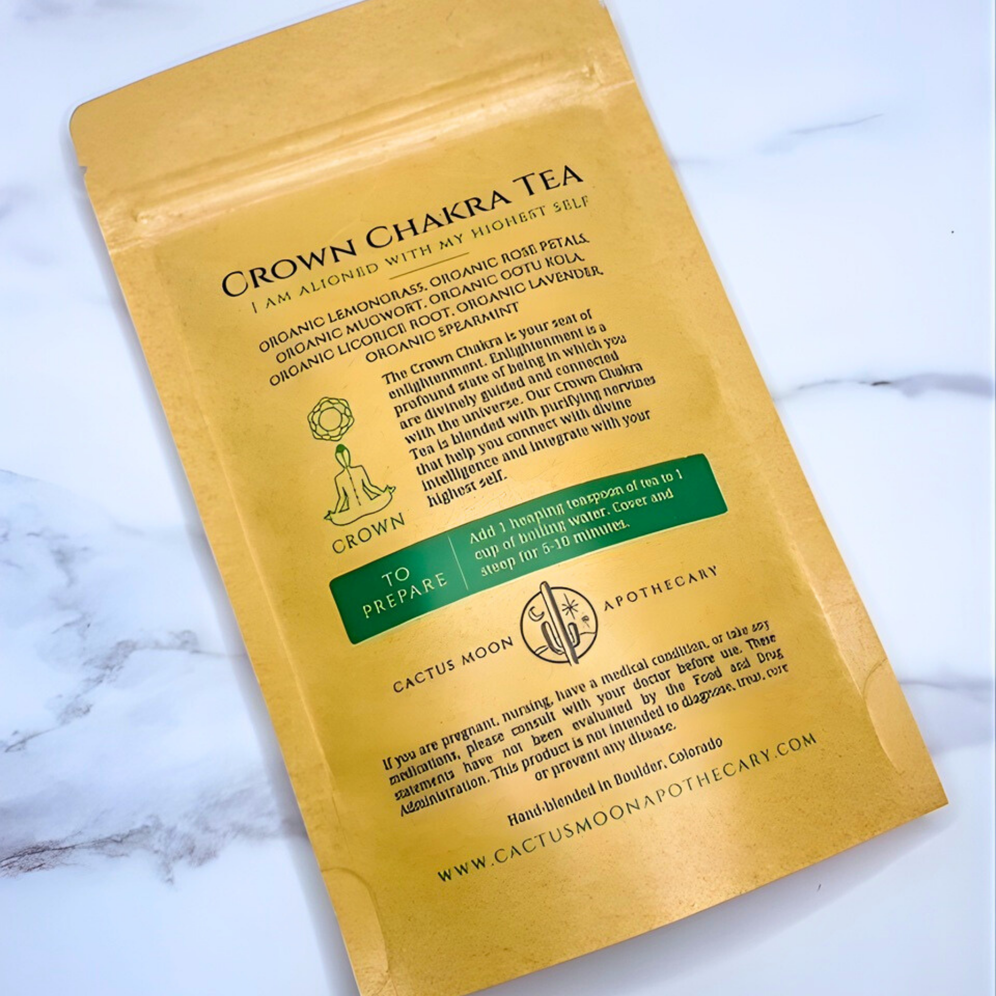 Crown Chakra Tea package on a marble surface