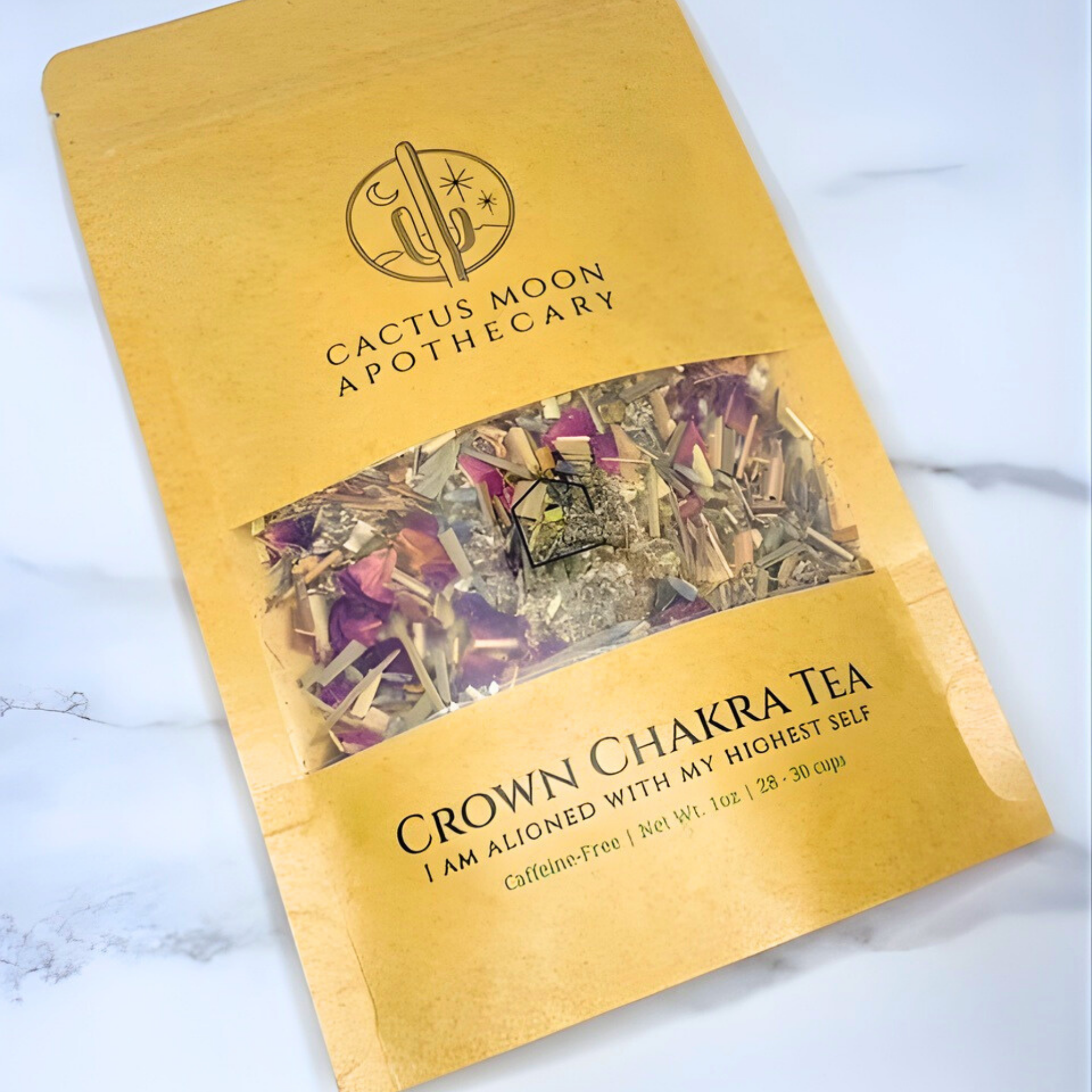 Crown Chakra Tea package from Cactus Moon Apothecary on a light background