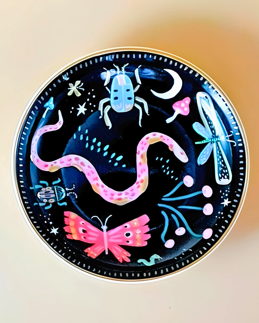Decorative circular object with colorful illustrations of a snake, butterfly, and other elements on a dark background.