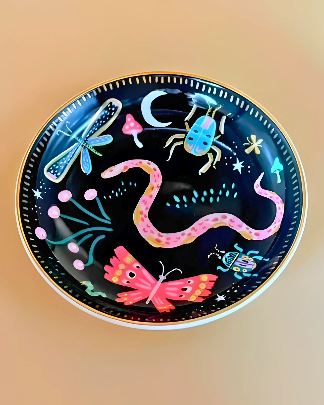 Decorative plate with colorful illustrations of insects on a gradient background