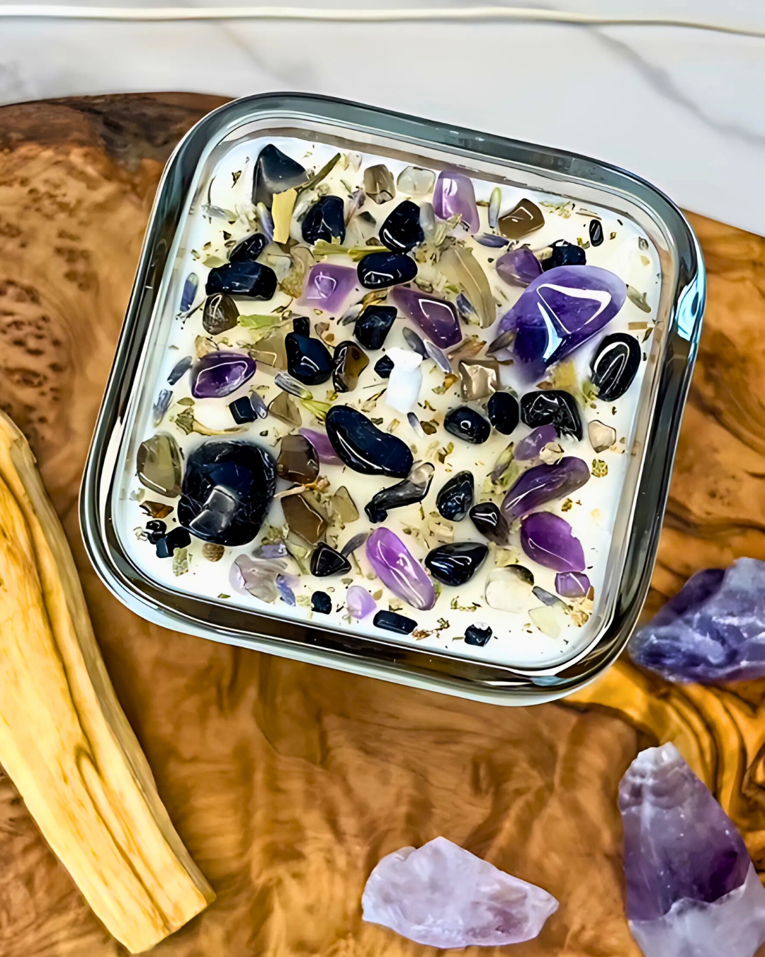 Container filled with crystals on a wooden surface