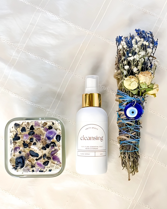 Cleansing spray bottle with decorative elements on a textured surface