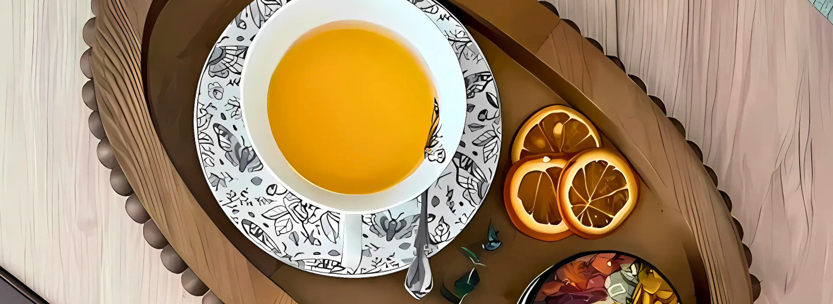 Tea cup with orange slices on a wooden tray