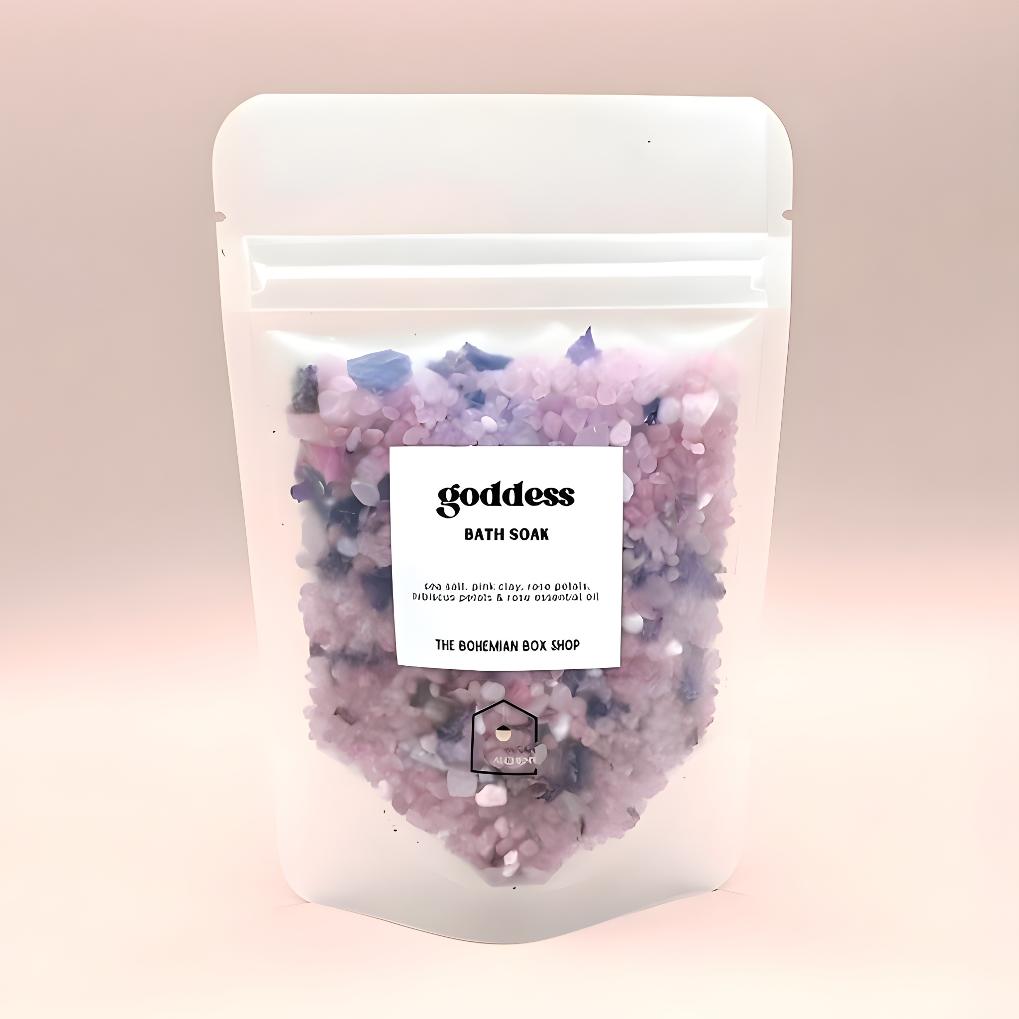 Bath soak package with visible brand name on a pink background