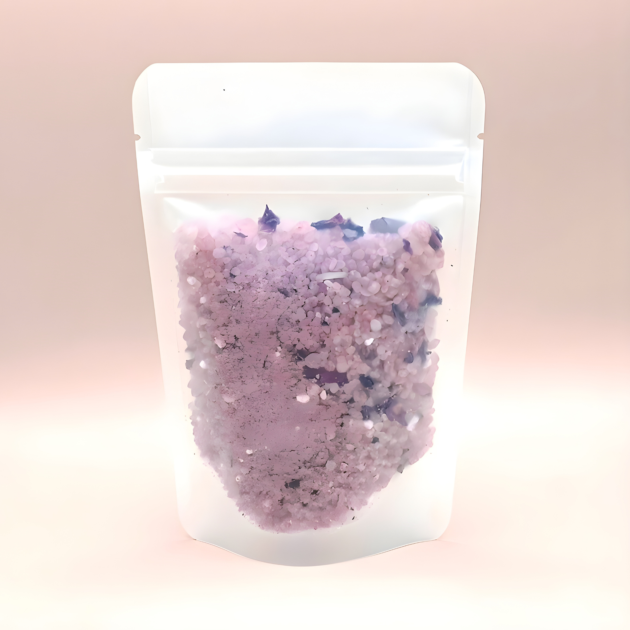 Bath salt mix in a clear plastic bag with a white zipper on a pink background