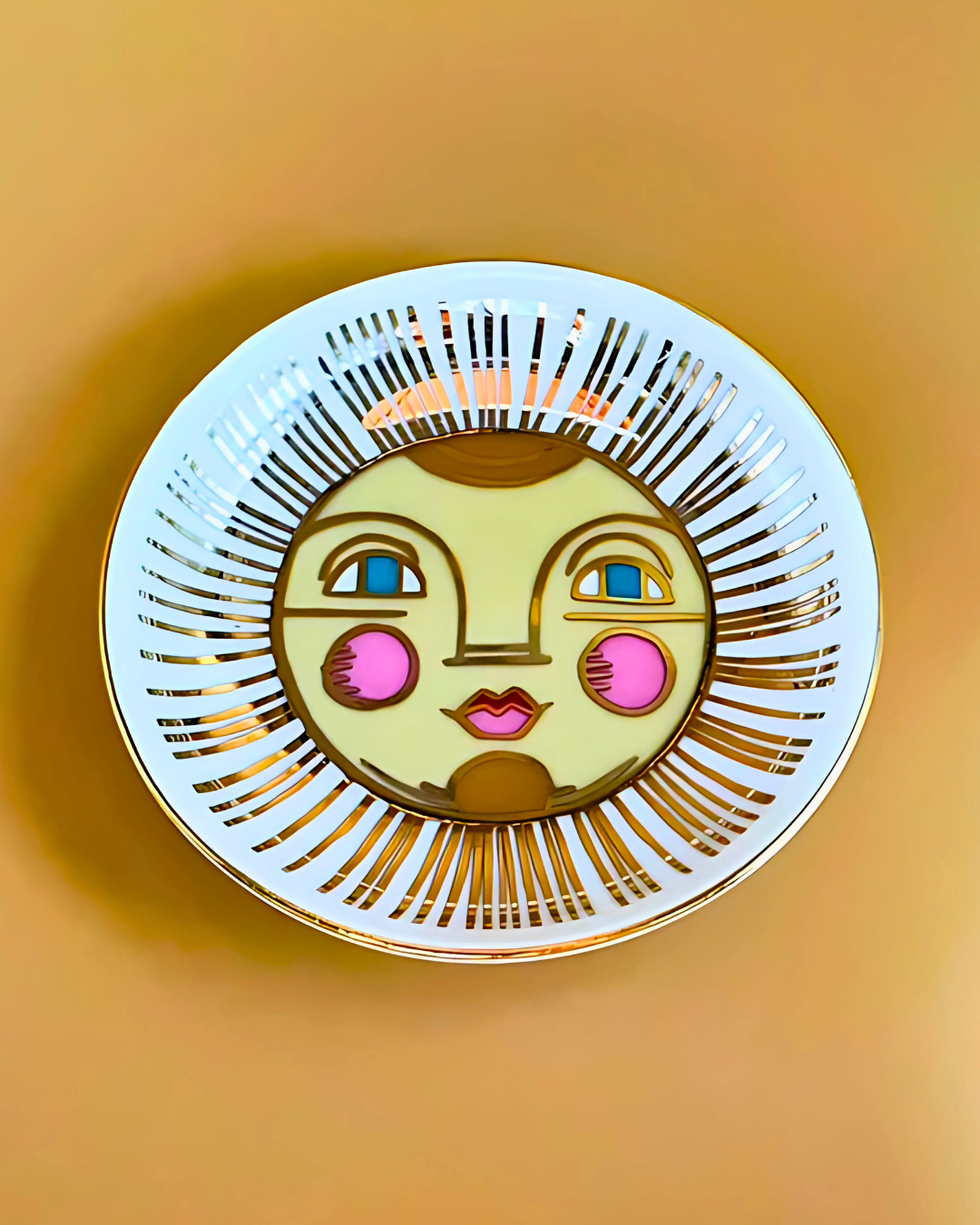 Decorative plate with a sun face design on a gradient background