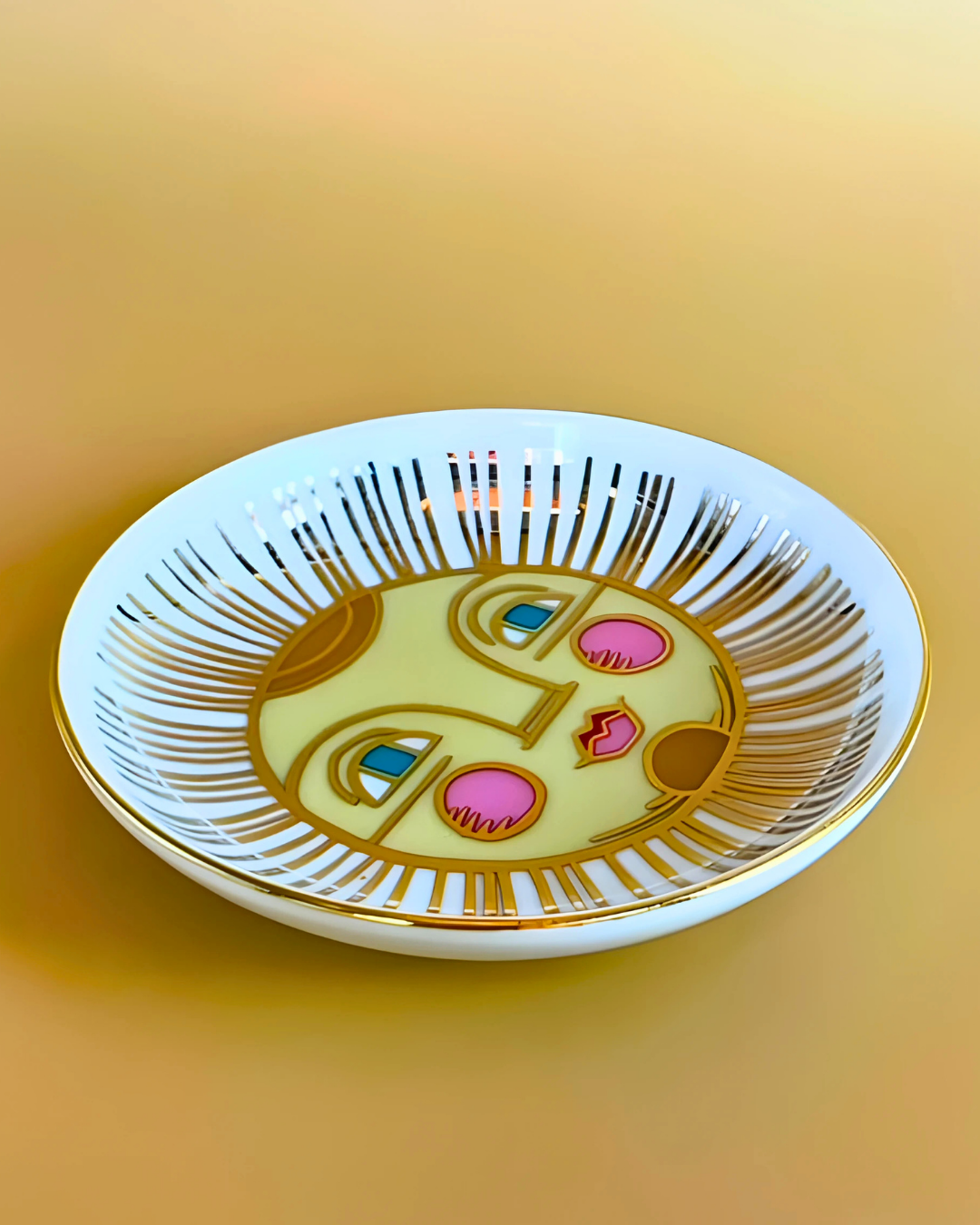 Decorative plate with colorful design on a yellow background
