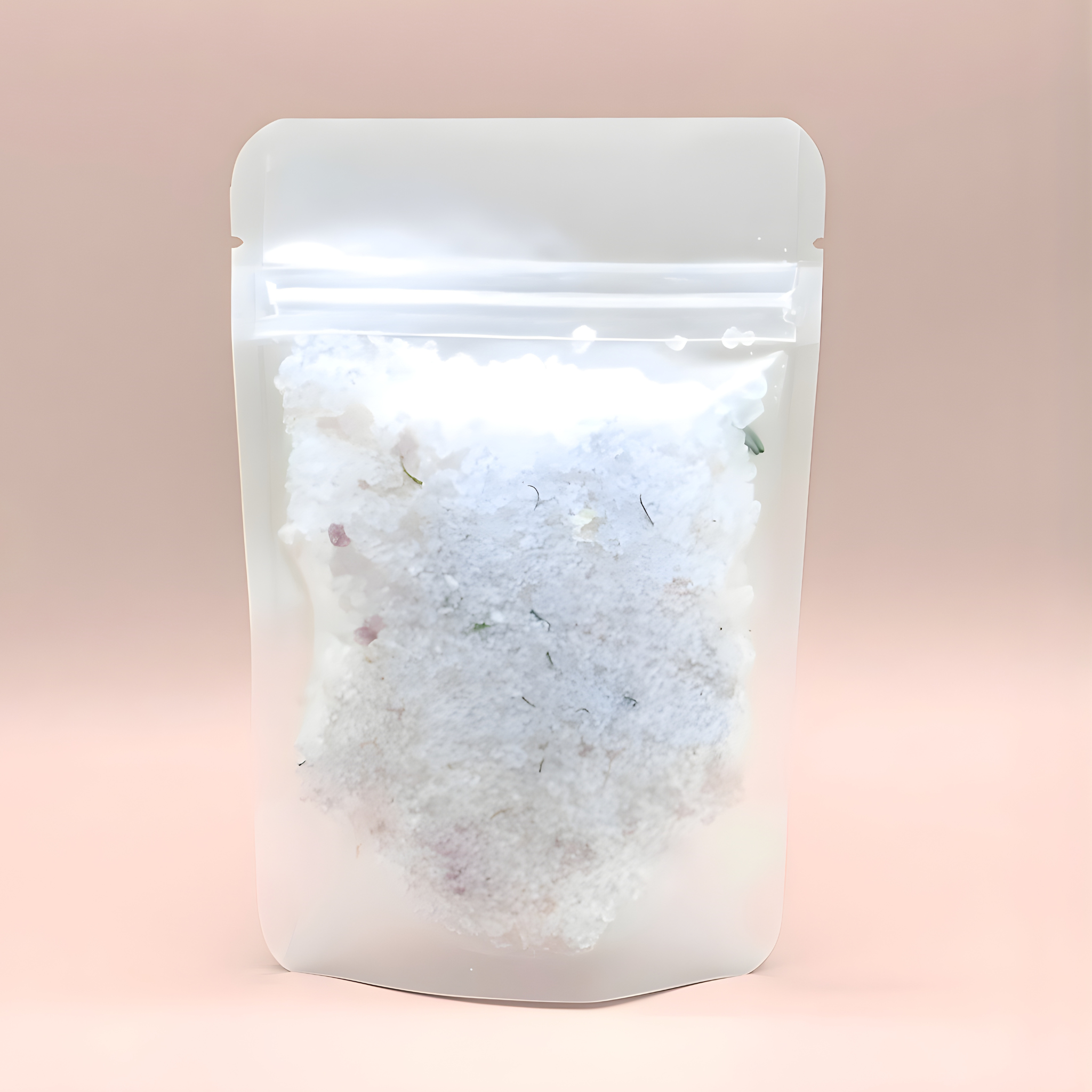 White bath salt package with a pink gradient background