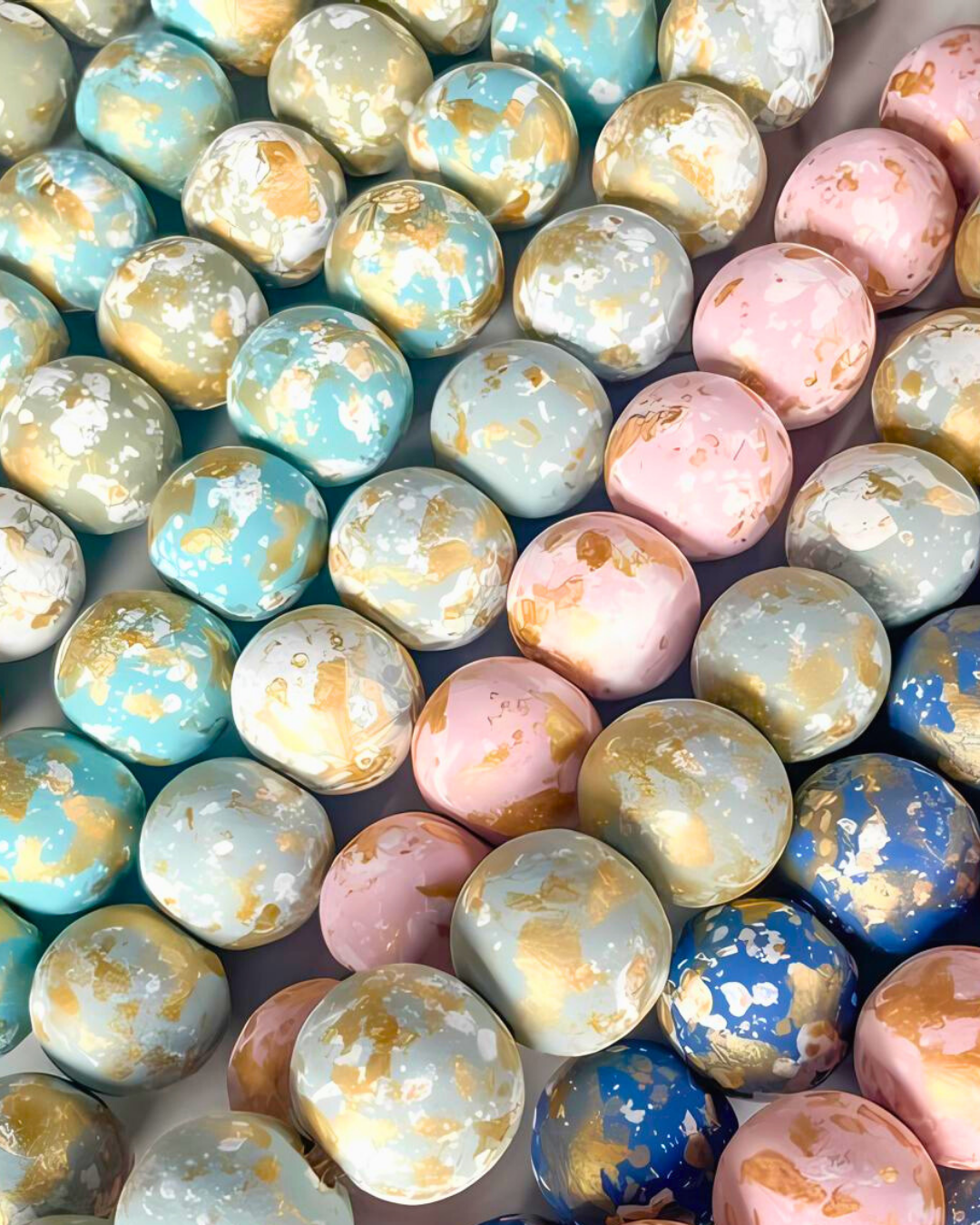 Colorful marbled balloons in various shades of pink, blue, gold, and silver.