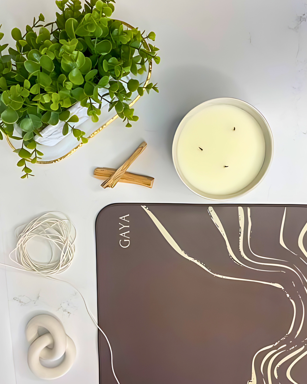 Candle, cinnamon sticks, plant, and decorative items on a white surface with 'GAYA' branding.