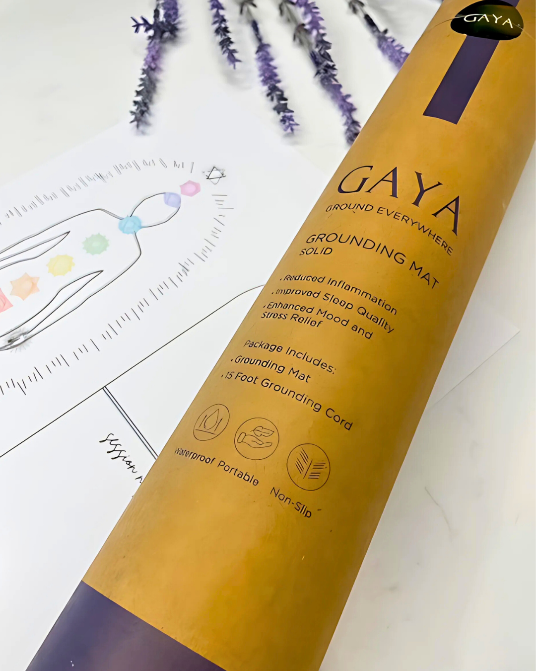 Gaya Grounding Mat packaging with lavender flowers and a diagram in the background
