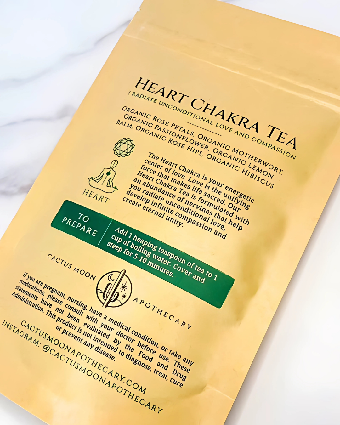 Heart Chakra Tea package with text and branding on a white background