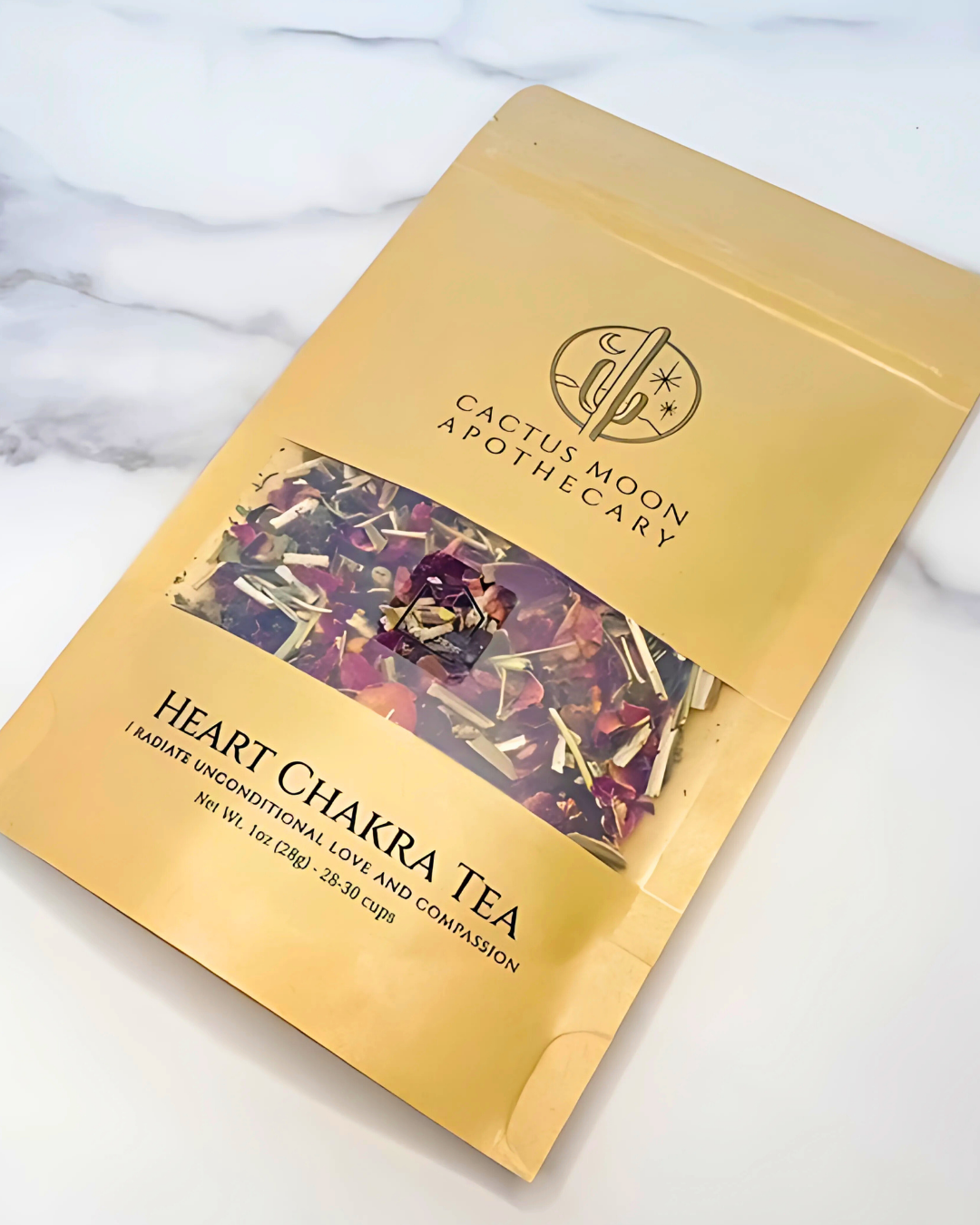 Cactus Moon Apothecary Heart Chakra Tea package on a marble surface