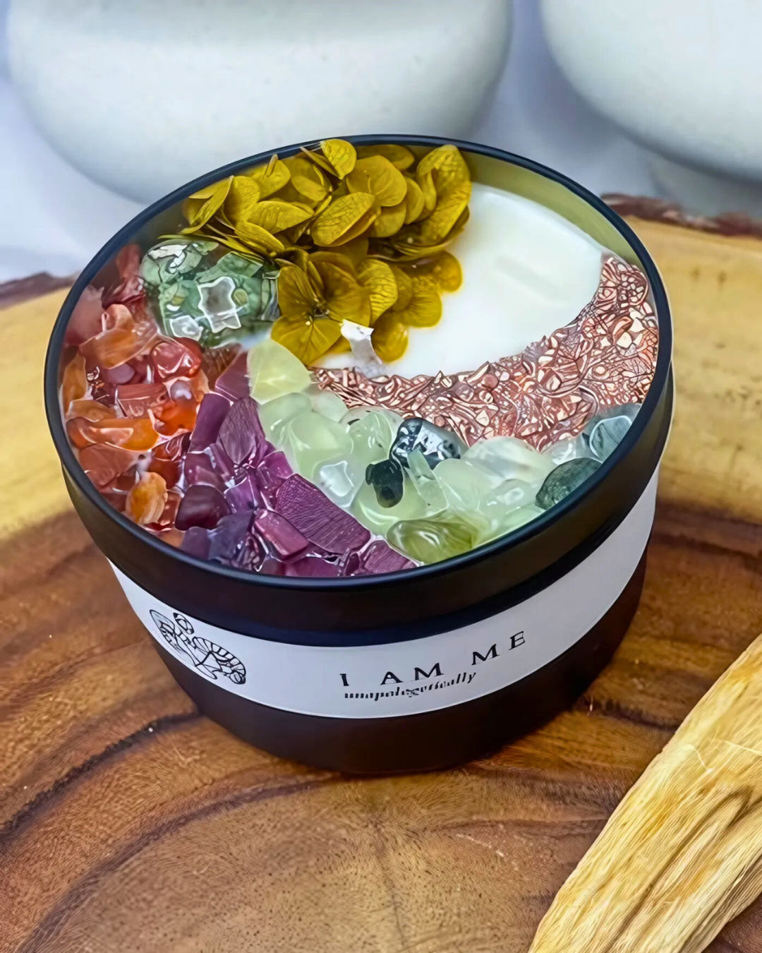 Jar of colorful bath salts with 'I Am Me' label on a wooden surface