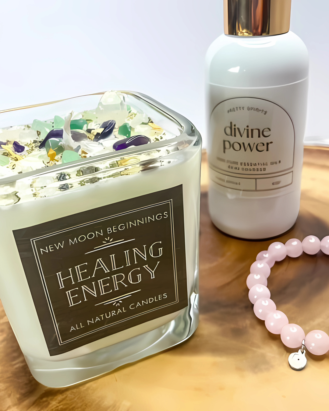 Healing energy candle with 'New Moon Beginnings' label, 'divine power' bottle, and pink beaded bracelet on a wooden surface.