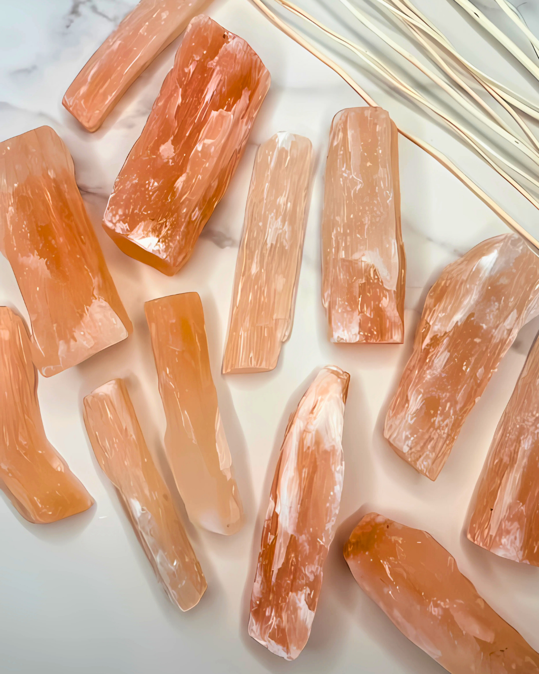 Crystal stones on a marble surface