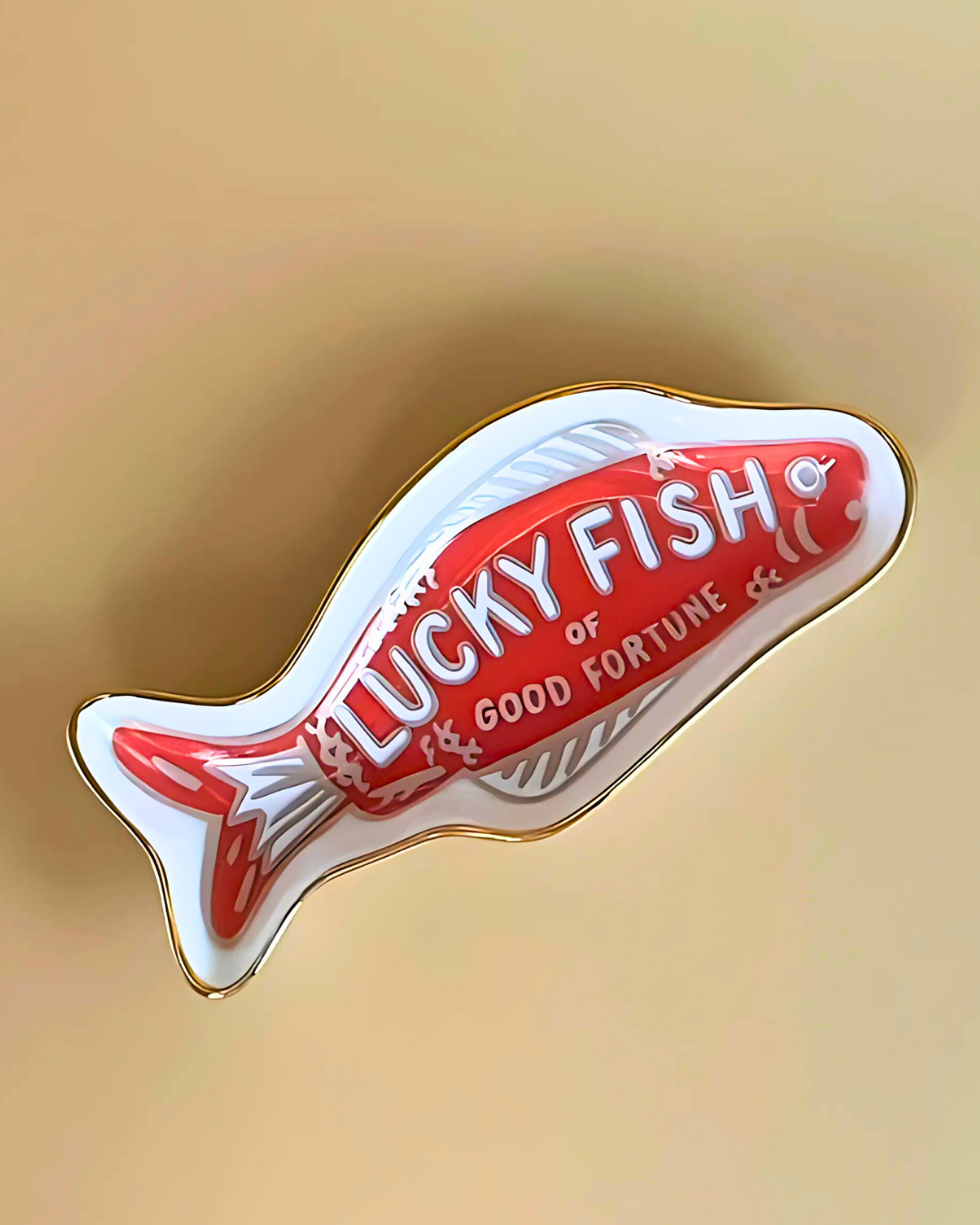 Fish-shaped enamel pin with 'Lucky Fish of Good Fortune' text on a gold background