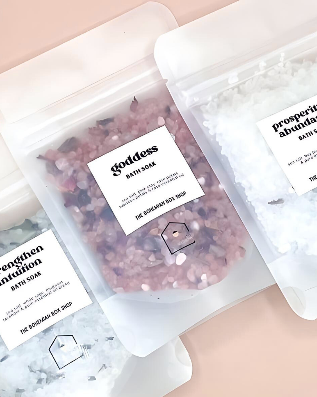 Bath soaks with visible text and branding on a light background