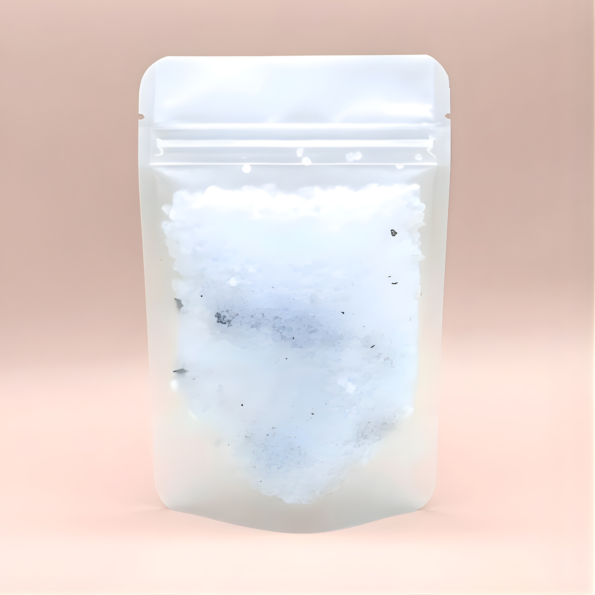 Clear plastic bag with a white substance on a pink background