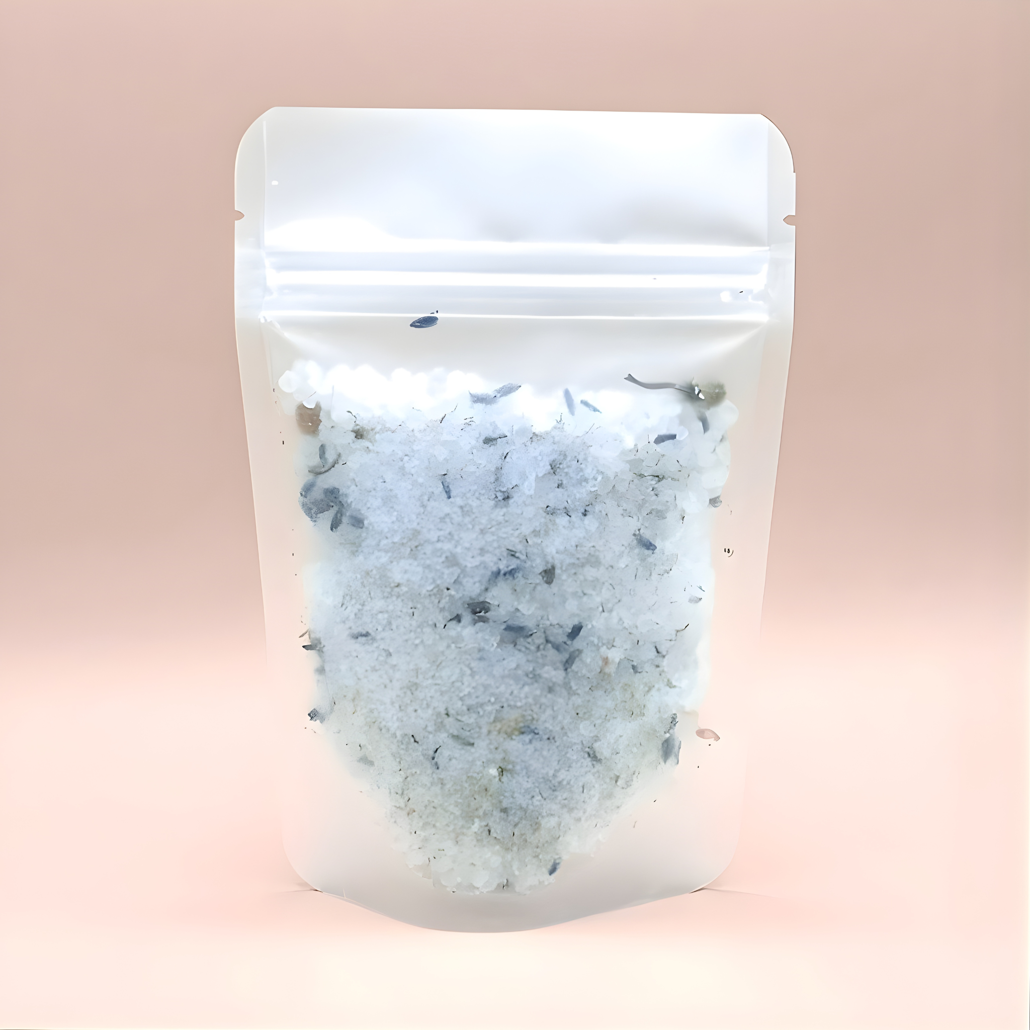 White ziplock bag filled with a blue and white bath salt mix on a pink background