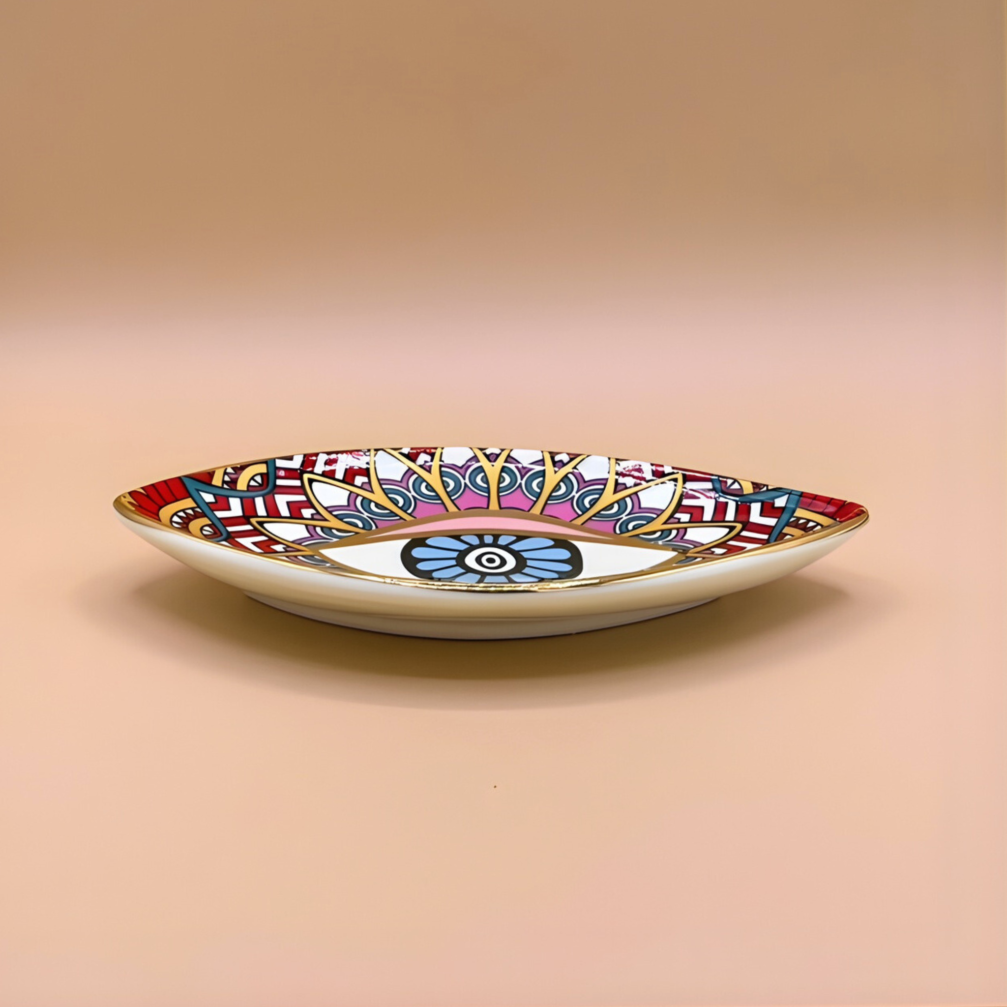 Decorative plate with colorful geometric pattern on a beige background